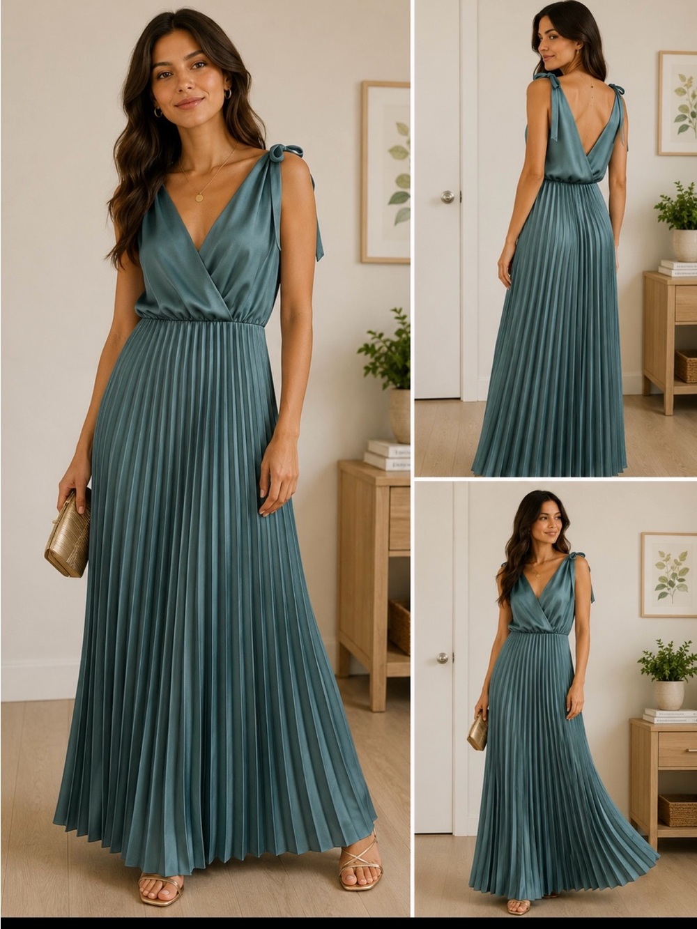 Satin Pleated V-Neck Maxi Dress in Teal  Not belt included.